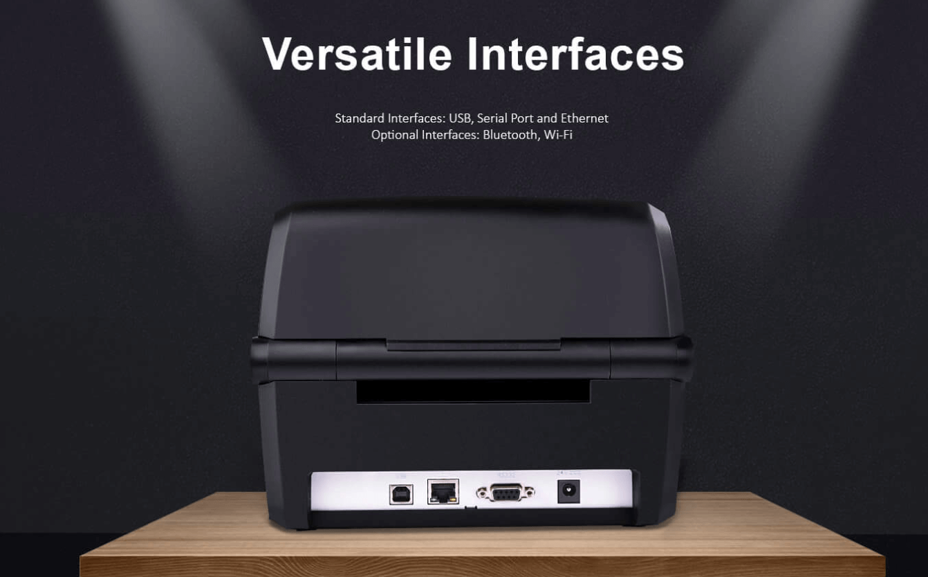 Back view of a streckkodskrivare showing multiple interface ports like USB, Serial, and Ethernet.